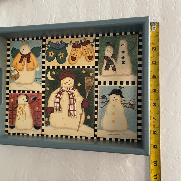 Debbie Mumm SNOWMEN Rectangular Hand Painted Wooden 9x12 Tray Christmas Vintage - Picture 1 of 11